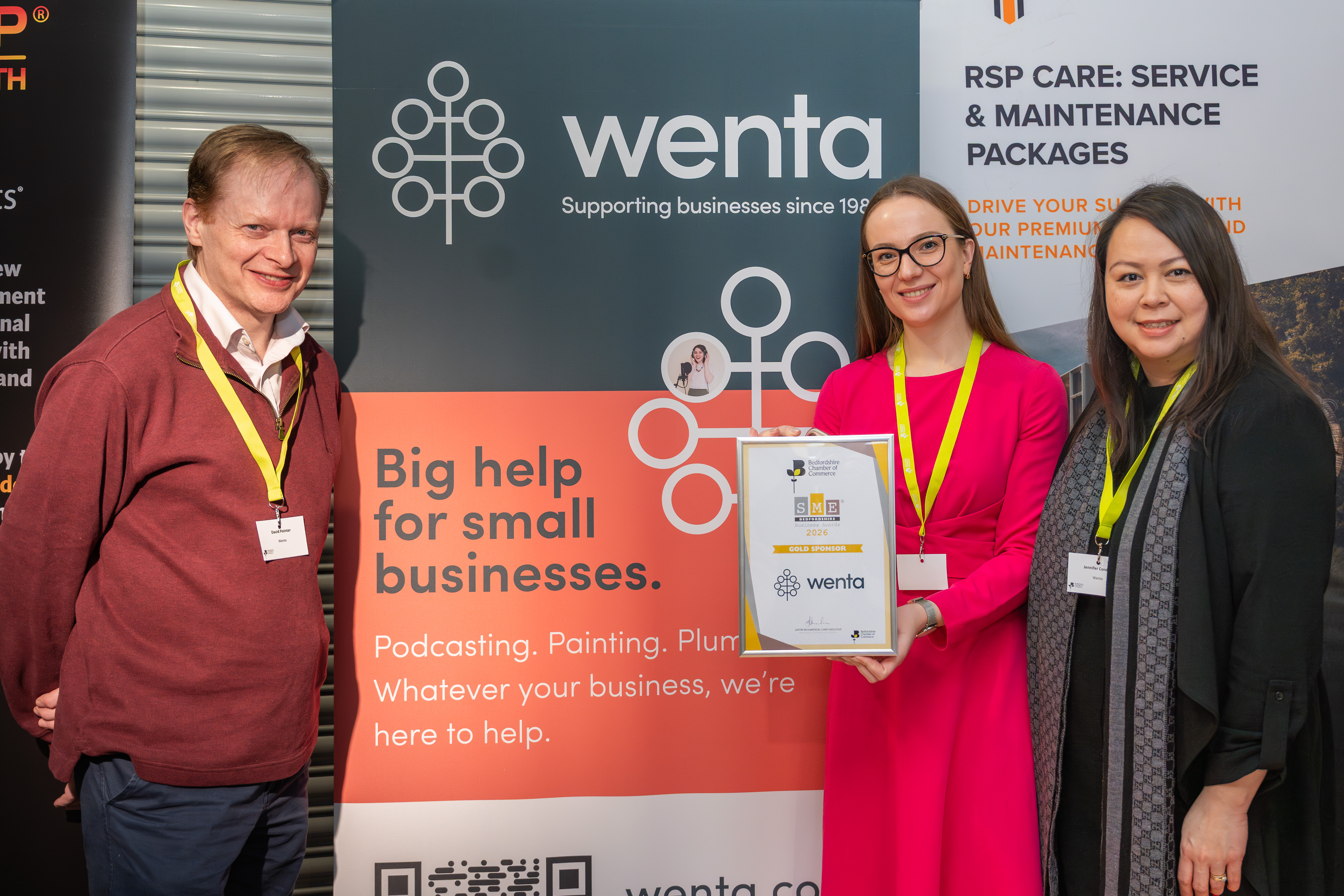 David Pointer, Marta Pilianska and Jennifer Condon from Wenta at The SME Bedfordshire Business Awards launch event, 15th January 2026, at Central Bedfordshire College, Dunstable.